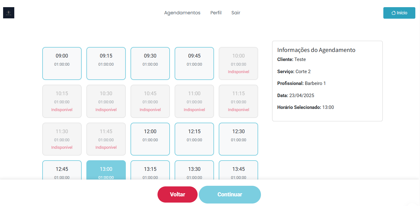 Interface inicial do sistema de agendamentos Site Salão
